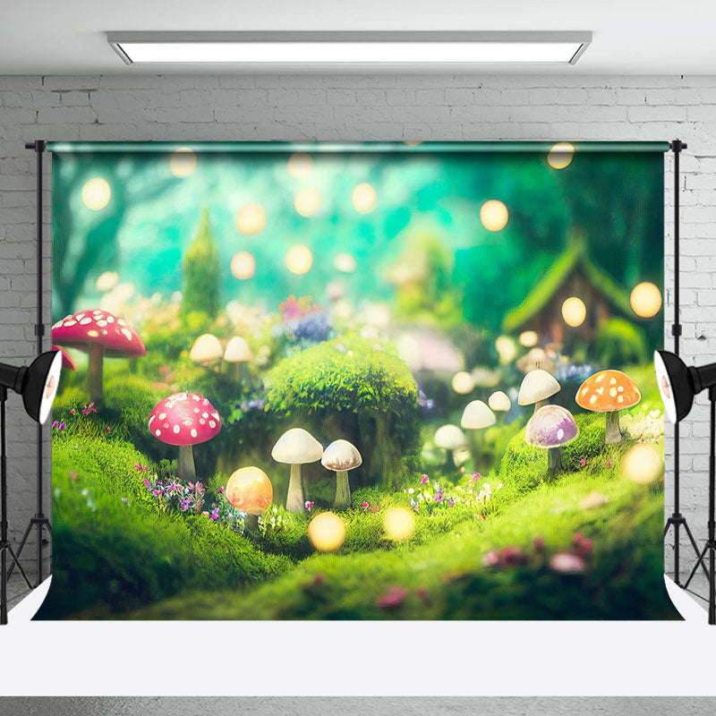 Aperturee - Aperturee Mushroom Bokeh Greenery Stone Floor Room Set Backdrop