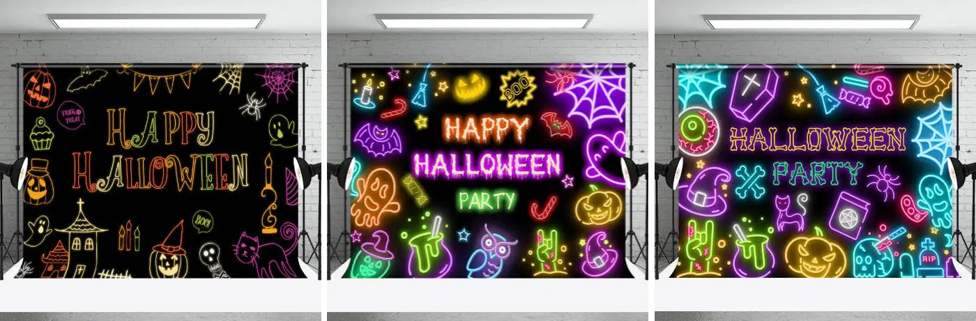 Colorful Neon Ghosts Black Happy Halloween Backdrop - Aperturee