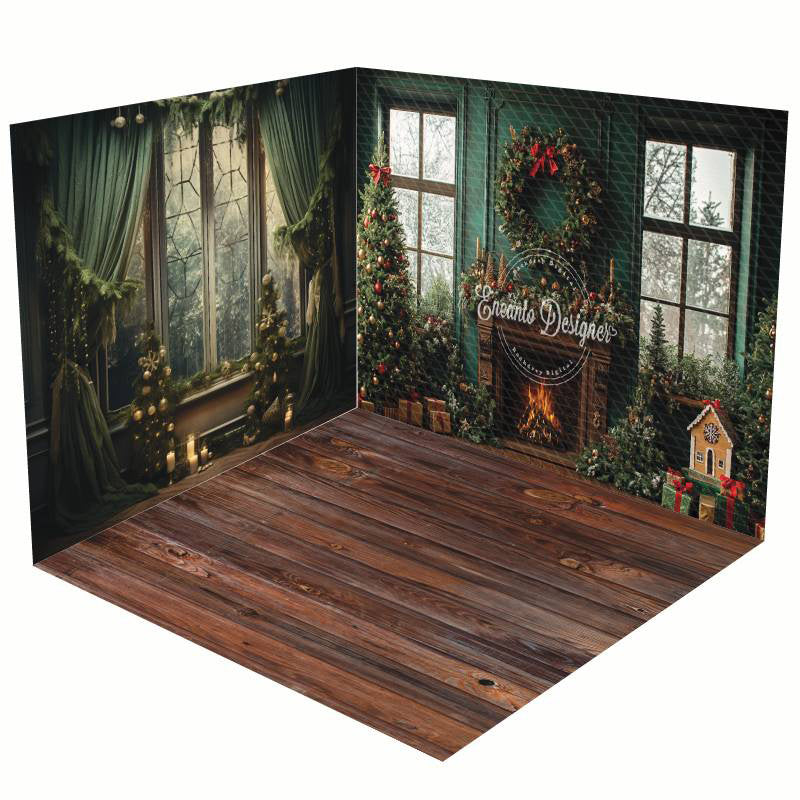 Aperturee - Aperturee Green Retro Christmas Fireplace Room Set Backdrop