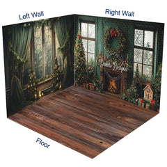 Aperturee - Aperturee Green Retro Christmas Fireplace Room Set Backdrop