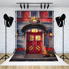 Aperturee - Red Grey Fire Station Door Cake Smash Photo Backdrop