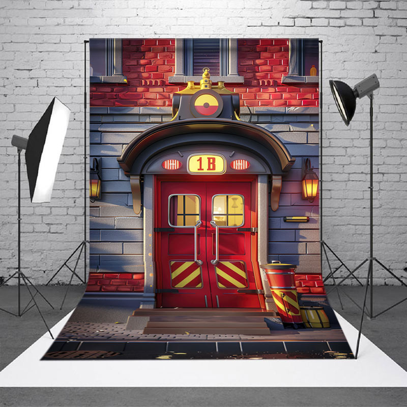 Aperturee - Red Grey Fire Station Door Cake Smash Photo Backdrop