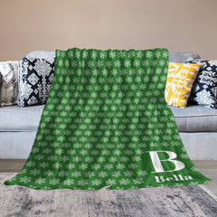 Aperturee - Green White Snow Winter Christmas Custom Name Blanket