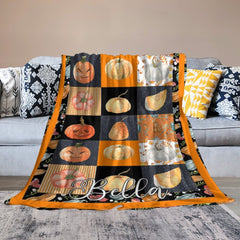 Aperturee - Orange Black Plaid Halloween Custom Name Blanket