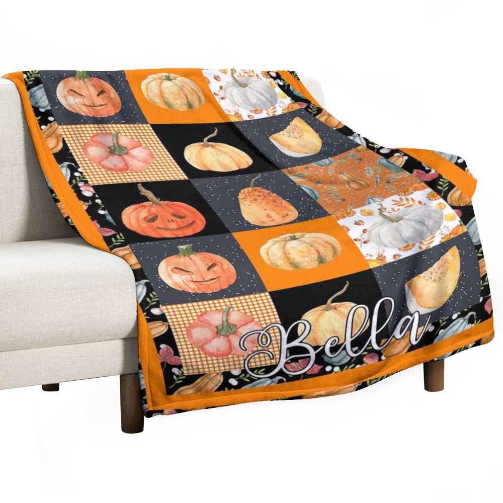 Aperturee - Orange Black Plaid Halloween Custom Name Blanket