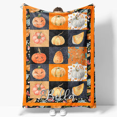 Aperturee - Orange Black Plaid Halloween Custom Name Blanket