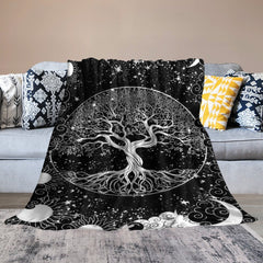 Aperturee - Mysterious Black White Sun Viking Tree Custom Blanket