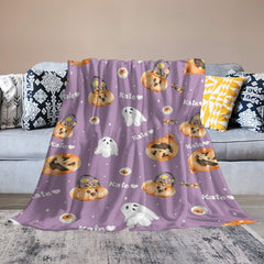 Aperturee - Custom Name Purple Pumpkins Ghost Halloween Blanket