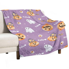 Aperturee - Custom Name Purple Pumpkins Ghost Halloween Blanket