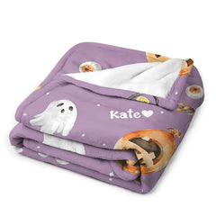 Aperturee - Custom Name Purple Pumpkins Ghost Halloween Blanket