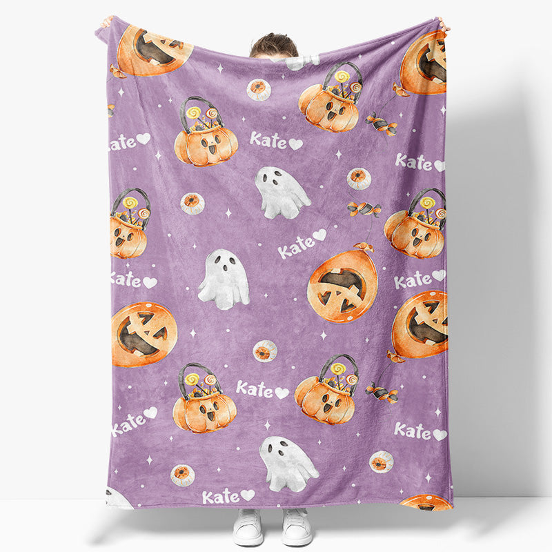 Aperturee - Custom Name Purple Pumpkins Ghost Halloween Blanket