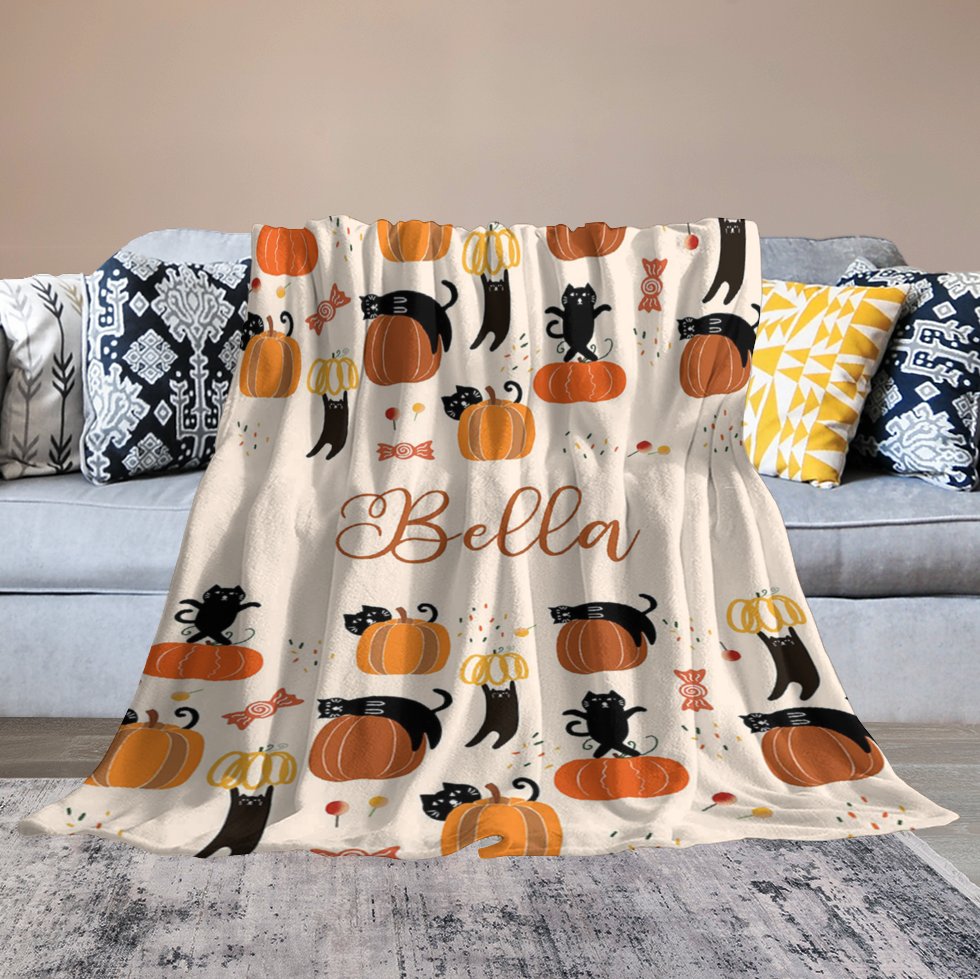 Aperturee - Custom Name Orange Pumpkins Cats Halloween Blanket