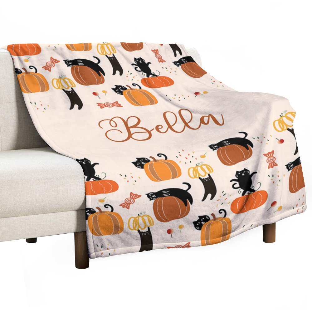 Aperturee - Custom Name Orange Pumpkins Cats Halloween Blanket