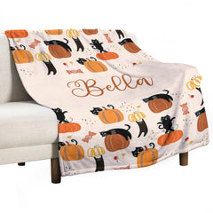 Aperturee - Custom Name Orange Pumpkins Cats Halloween Blanket