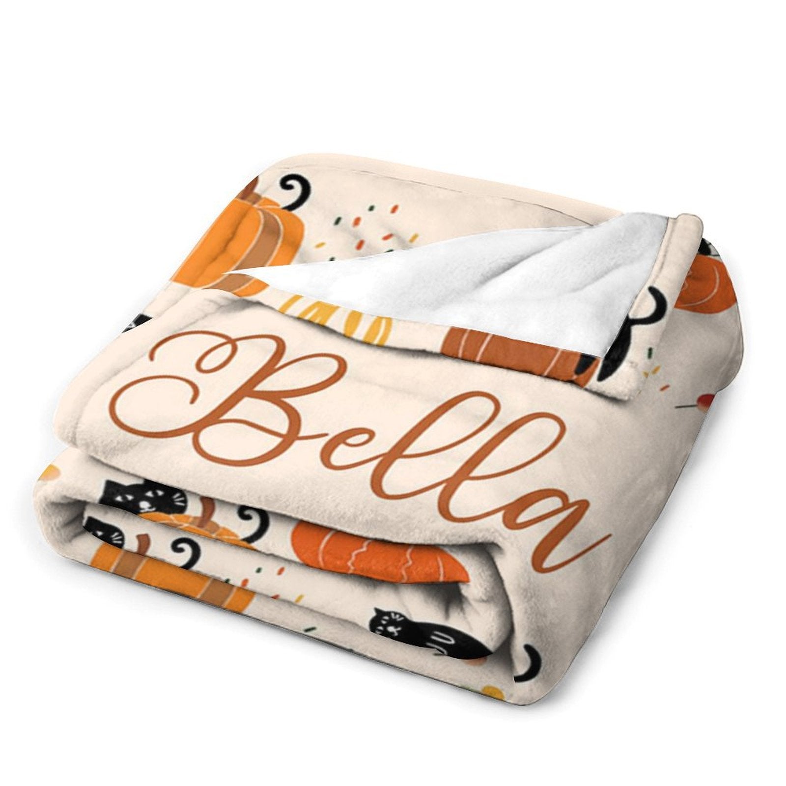 Aperturee - Custom Name Orange Pumpkins Cats Halloween Blanket