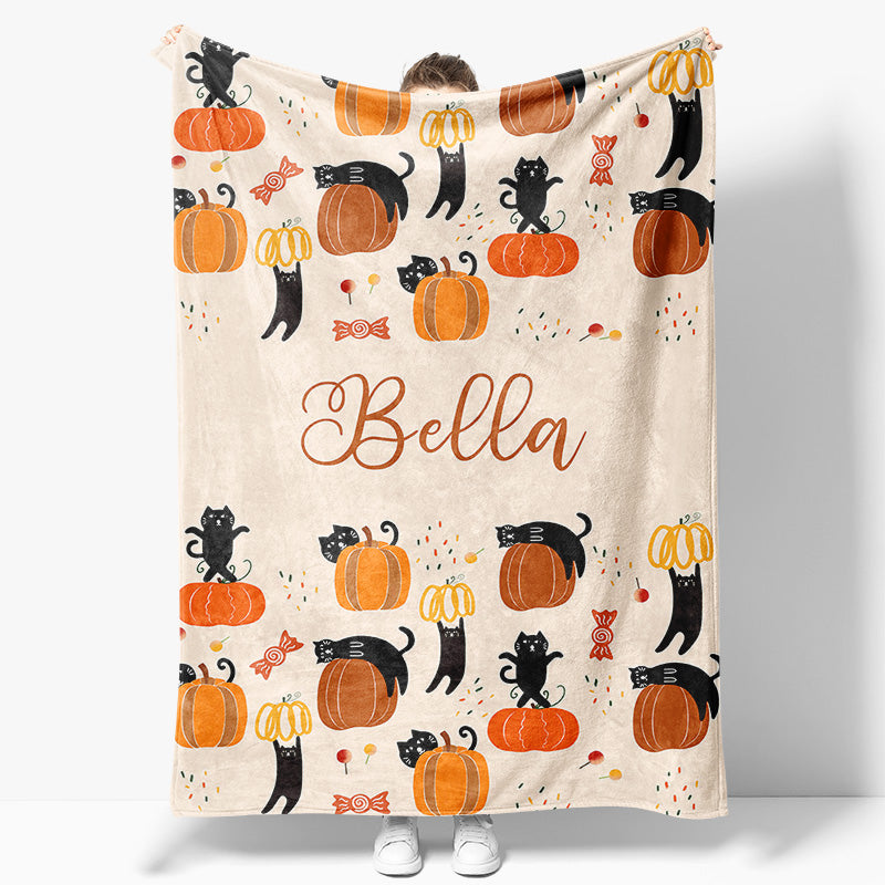 Aperturee - Custom Name Orange Pumpkins Cats Halloween Blanket