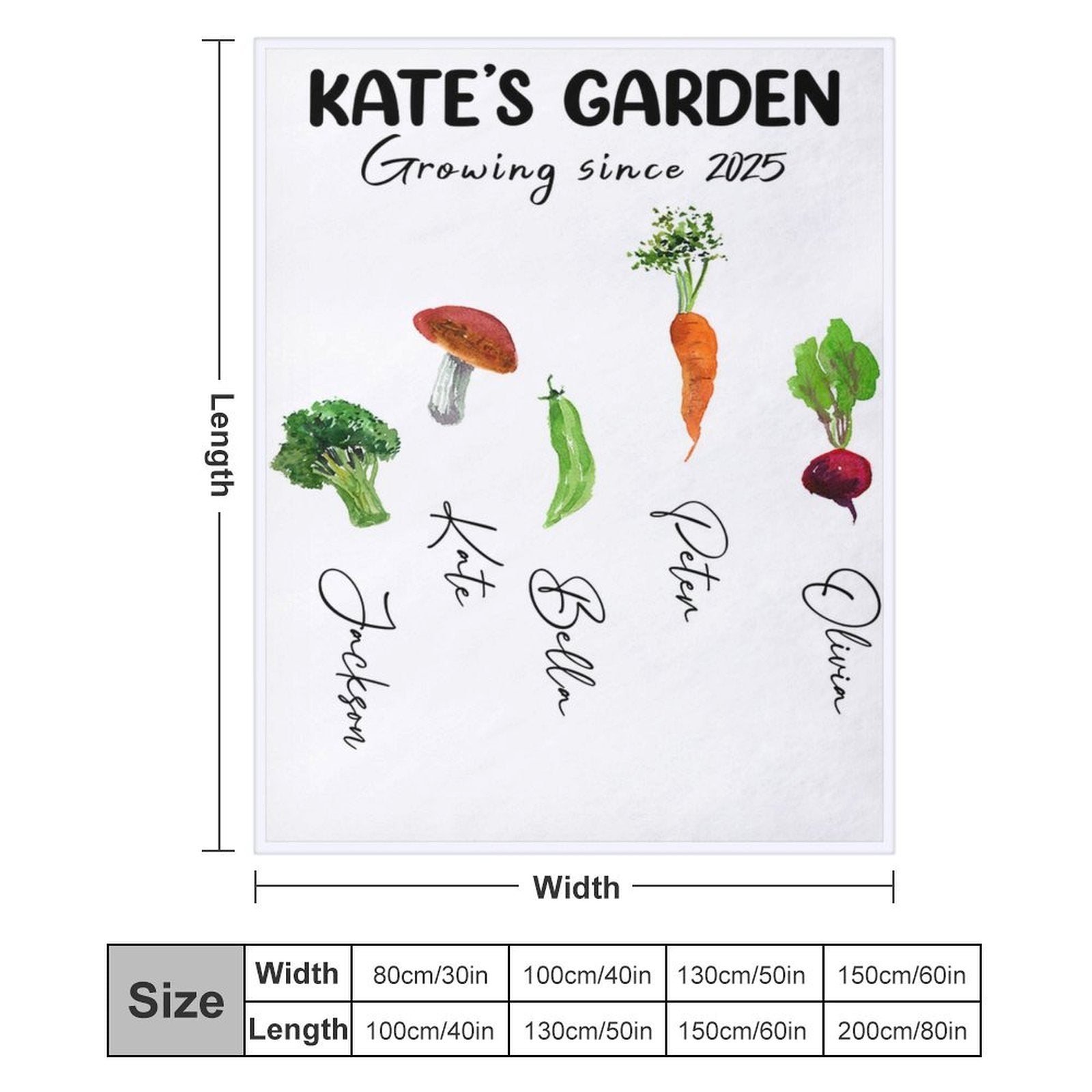 Aperturee - Custom Name Vegetables Garden White Blanket For Gift