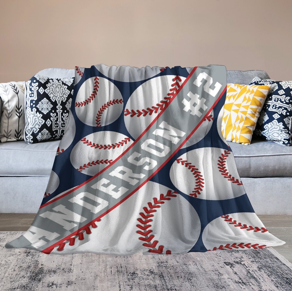 Aperturee - Blue White Baseball Sports Personalized Name Blanket