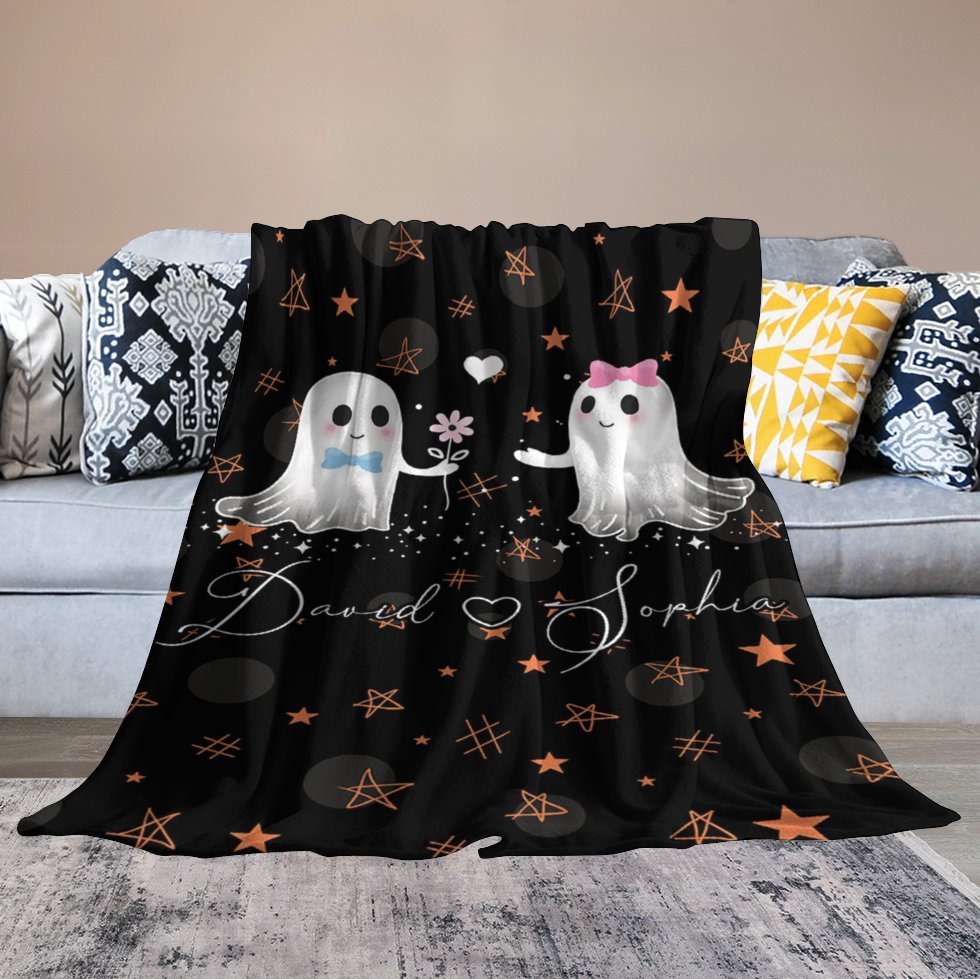 Aperturee - Cute Ghost Stars Black Halloween Custom Name Blanket