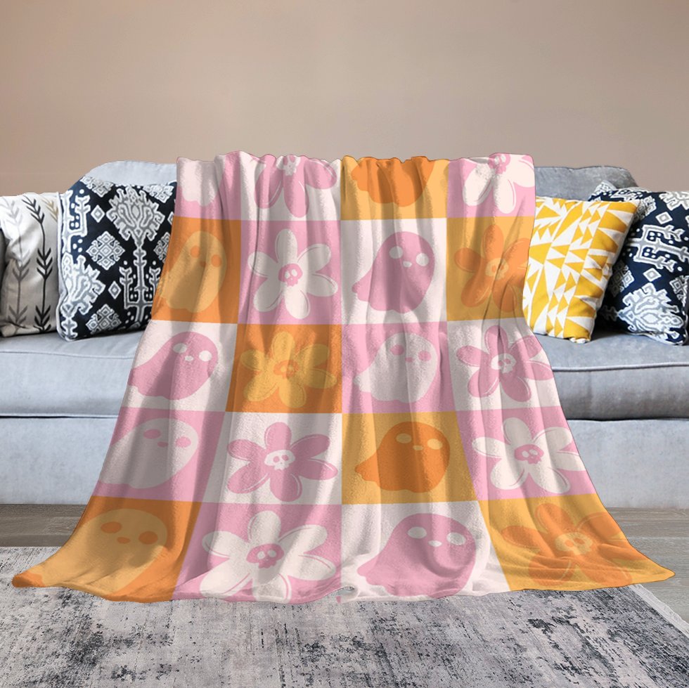 Aperturee - Orange Pink Plaid Floral Halloween Custom Blanket