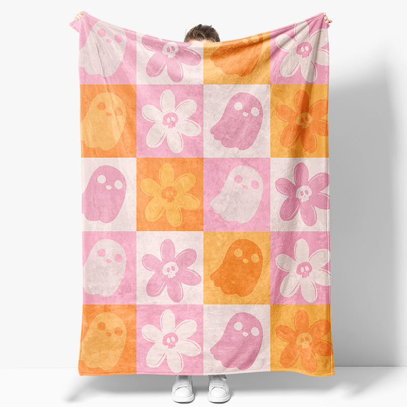 Aperturee - Orange Pink Plaid Floral Halloween Custom Blanket