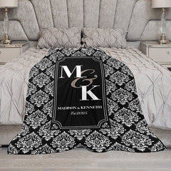 Aperturee - Aperturee Black White Retro Pattern Custom Couple Name Blanket