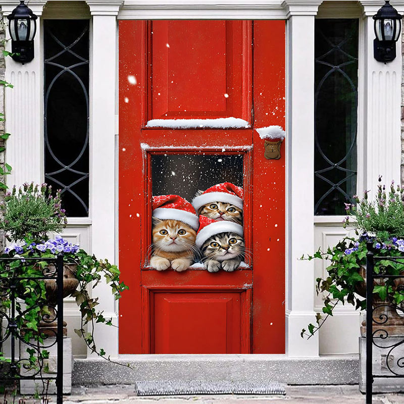 Aperturee - Aperturee Snow Red Door Santa Cat Christmas Tree Door Cover