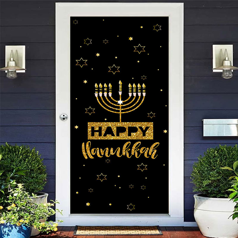 Aperturee - Aperturee Black Stars Jewish Menorah Happy Hanukkah Door Cover