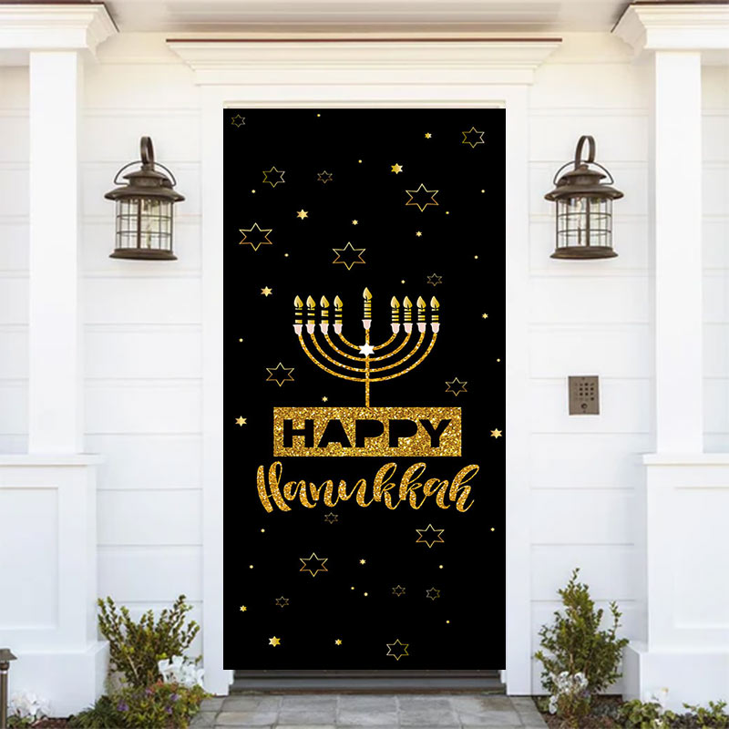 Aperturee - Aperturee Black Stars Jewish Menorah Happy Hanukkah Door Cover