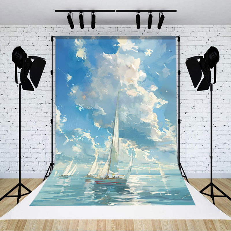 Aperturee - Oil Painting Blue Sky Sailboat Sea Photo Backdrop