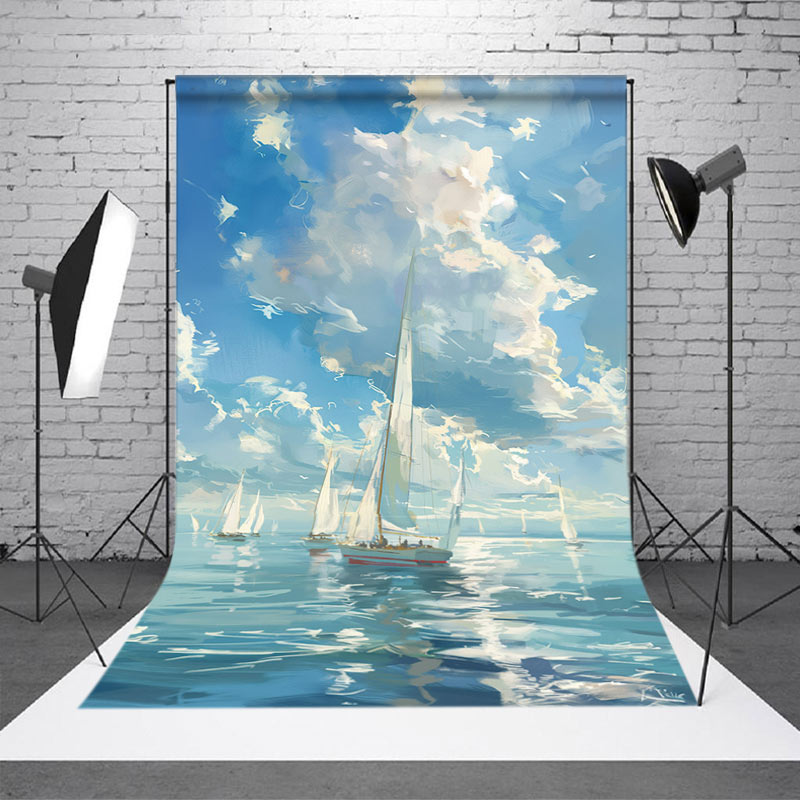 Aperturee - Oil Painting Blue Sky Sailboat Sea Photo Backdrop