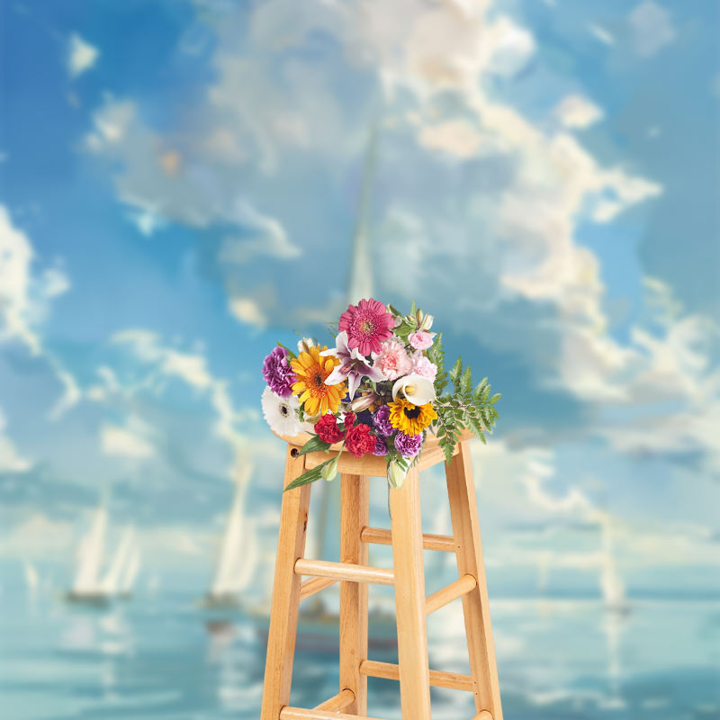 Aperturee - Oil Painting Blue Sky Sailboat Sea Photo Backdrop