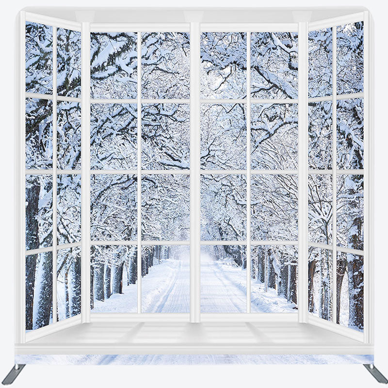 Aperturee - Aperturee Winter Snowy Forest Window Scene Christmas Backdrop