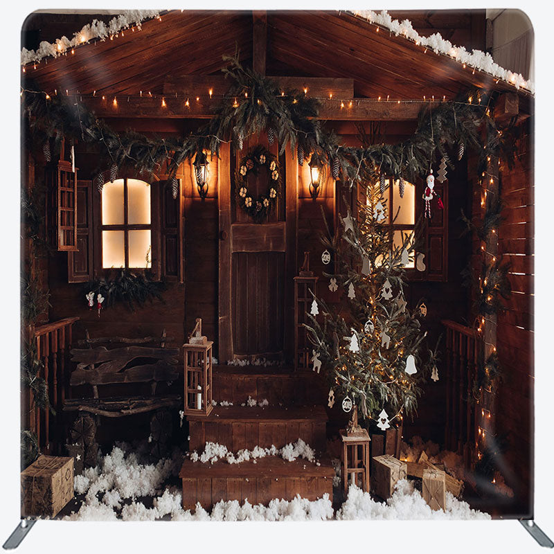 Aperturee - Aperturee Snowy Brown Wood House Christmas Pillow Case Backdrop