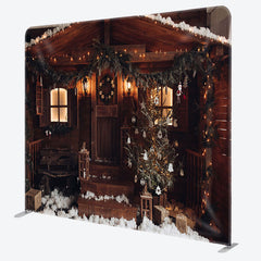 Aperturee - Aperturee Snowy Brown Wood House Christmas Pillow Case Backdrop