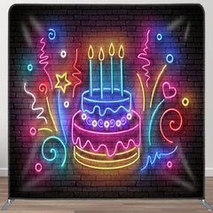 Aperturee - Aperturee Neon Birthday Cake Brick Wall Happy Birthday Backdrop