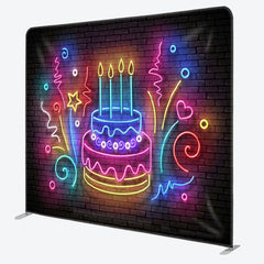 Aperturee - Aperturee Neon Birthday Cake Brick Wall Happy Birthday Backdrop