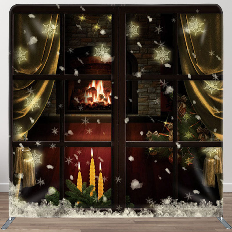 Aperturee - Aperturee Night Window Snowy Gold Curtain Winter Backdrop Cover