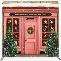 Aperturee - Aperturee Snowy Pink Christmas Shop Square Arch Fabric Backdrop