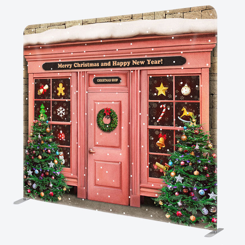 Aperturee - Aperturee Snowy Pink Christmas Shop Square Arch Fabric Backdrop