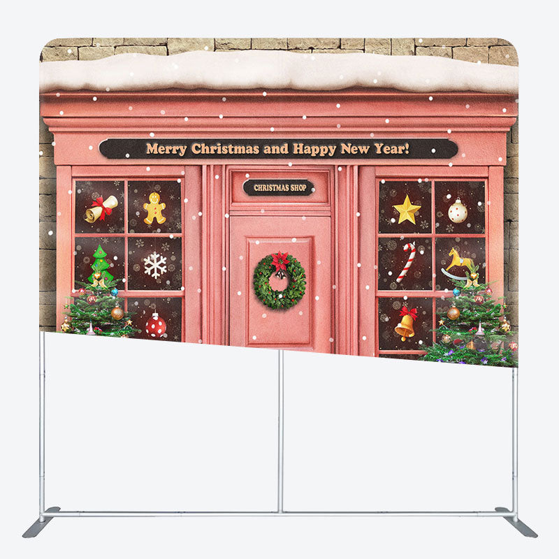 Aperturee - Aperturee Snowy Pink Christmas Shop Square Arch Fabric Backdrop