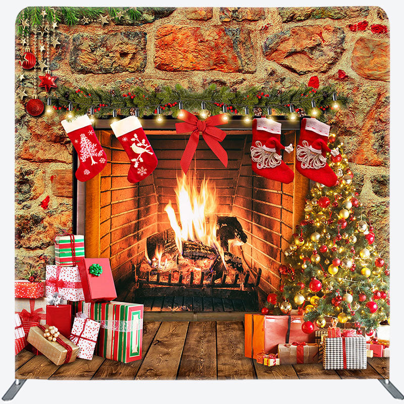 Aperturee - Aperturee Retro Warm Fireplace Christmas Pillow Case Backdrop