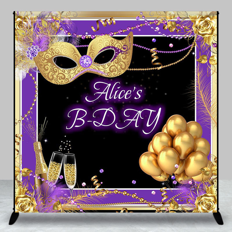 Aperturee - Custom Name Purple Gold Masquerade Birthday Backdrop