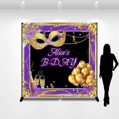 Aperturee - Custom Name Purple Gold Masquerade Birthday Backdrop