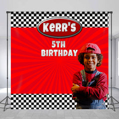 Aperturee - Custom Photo Name Red Stripe Plaid Birthday Backdrop