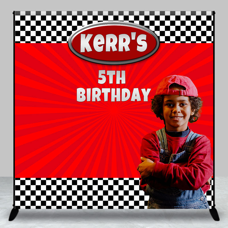 Aperturee - Custom Photo Name Red Stripe Plaid Birthday Backdrop