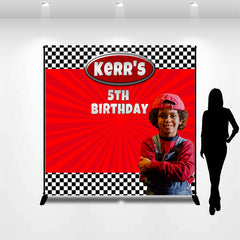 Aperturee - Custom Photo Name Red Stripe Plaid Birthday Backdrop