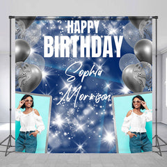 Aperturee - Aperturee Blue Balloons Custom Name Photo Birthday Backdrop