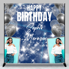 Aperturee - Aperturee Blue Balloons Custom Name Photo Birthday Backdrop