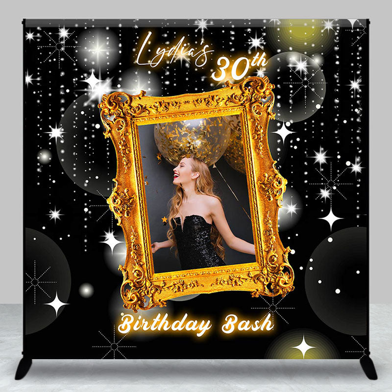 Aperturee - Aperturee Black Gold Photo Frame Custom Name Birthday Backdrop